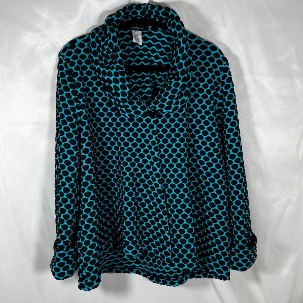 YUSHI Black & Green Geometric Dot Jacket Sz XL Wired Collar Lagenlook